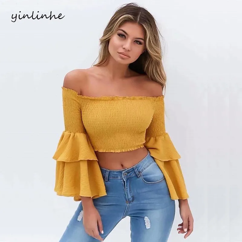 yinlinhe Yellow Off Shoulder Summer Tops Long Flare Sleeve Elasticity