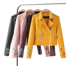 Осенняя байкерская куртка женская вышитая куртка-бомбер куртка из искусственной кожи с цветочным принтом розовая черная мотоциклетная кожаная куртка большого размера