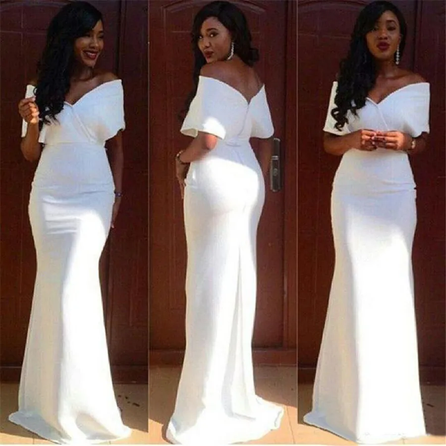 

White Mermaid Bridesmaid Dress Elegant Boat Neck Short Sleeve Simple Satin Long Dresses Bridesmaid 2019 Cheap Maid Of Honor Gown
