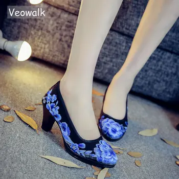 

Veowalk High End Satin Floral Embroidered Women's Pumps Chunk Medium Heel Elegant Ladies Round Toe Retro Shoes Zapatos Mujer