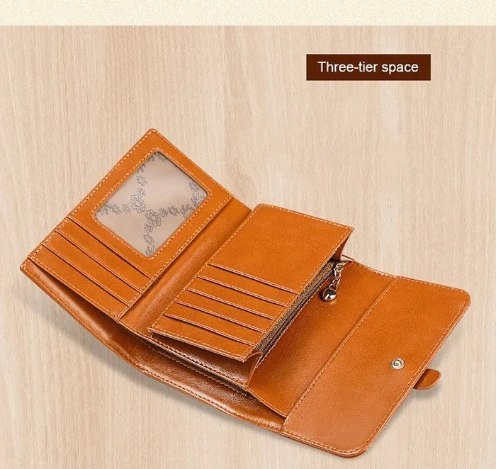 NewTri Fold Genuine Leather Women Wallet Short Luxury Brand Zipper Wallet Ladies Small Coin Purse Card Holder Oil Wallet