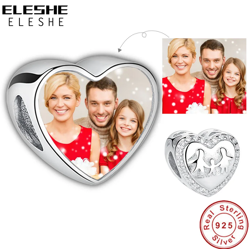 ELESHE Personalized Custom Photo 925 Silver Crystal Heart Charms Bead Fit Bracelet Photo Of Baby Mum Family DIY Jewelry