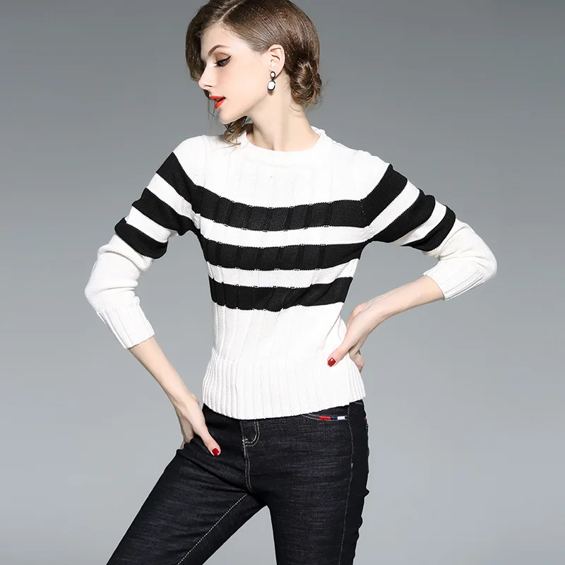 Striped elastic knit slim pullovers sweater 2018 new women autum winter long sleeve basic sweater Striped elastic knit slim pullovers sweater 2018 new women autum winter long sleeve basic sweater