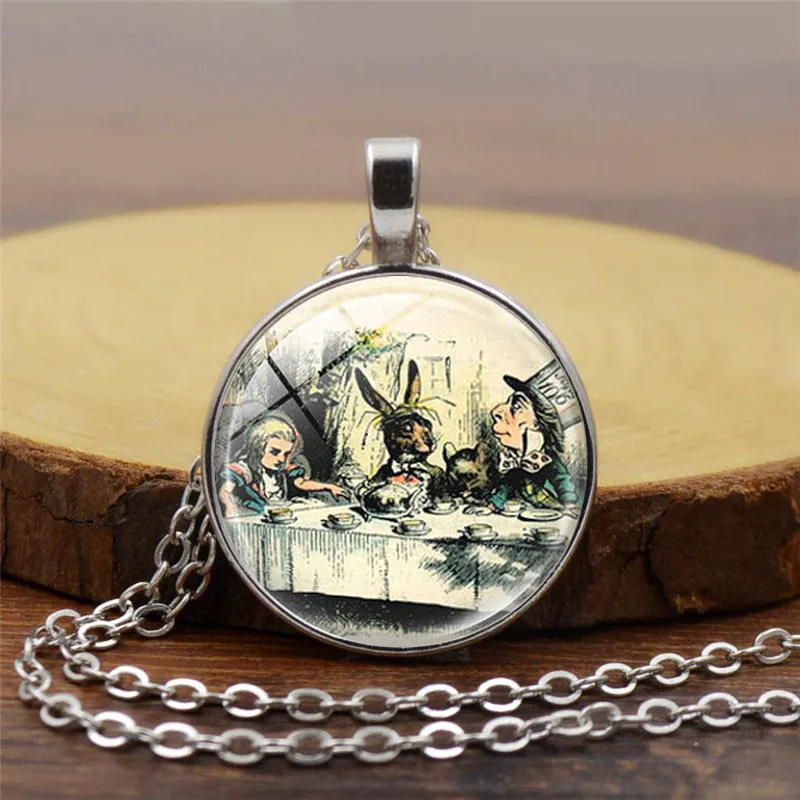 

Alice In Wonderland Jewelry A Mad Tea Party Mad Hatter March Hare Fairy Tale Art Glass Pendant Silver with Link Chain Necklace