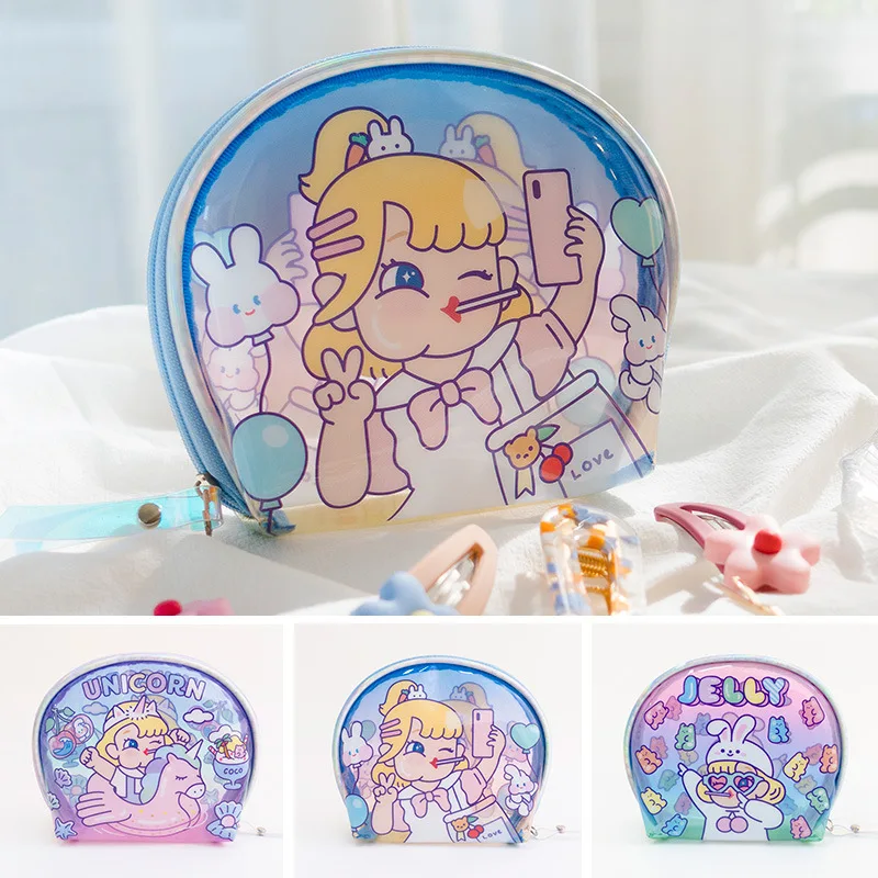 

Cartoon Laser Jelly Cosmetic Case Transparent PVC Waterproof Makeup Wash Kits Travel Toiletry Lipstick Key Storage Organizer Bag