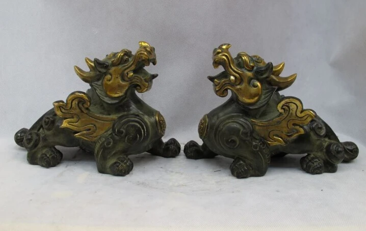 

Free Shipping China Classical Bronze Gilt Foo Dog brave troops Dragon kylin animal Pair