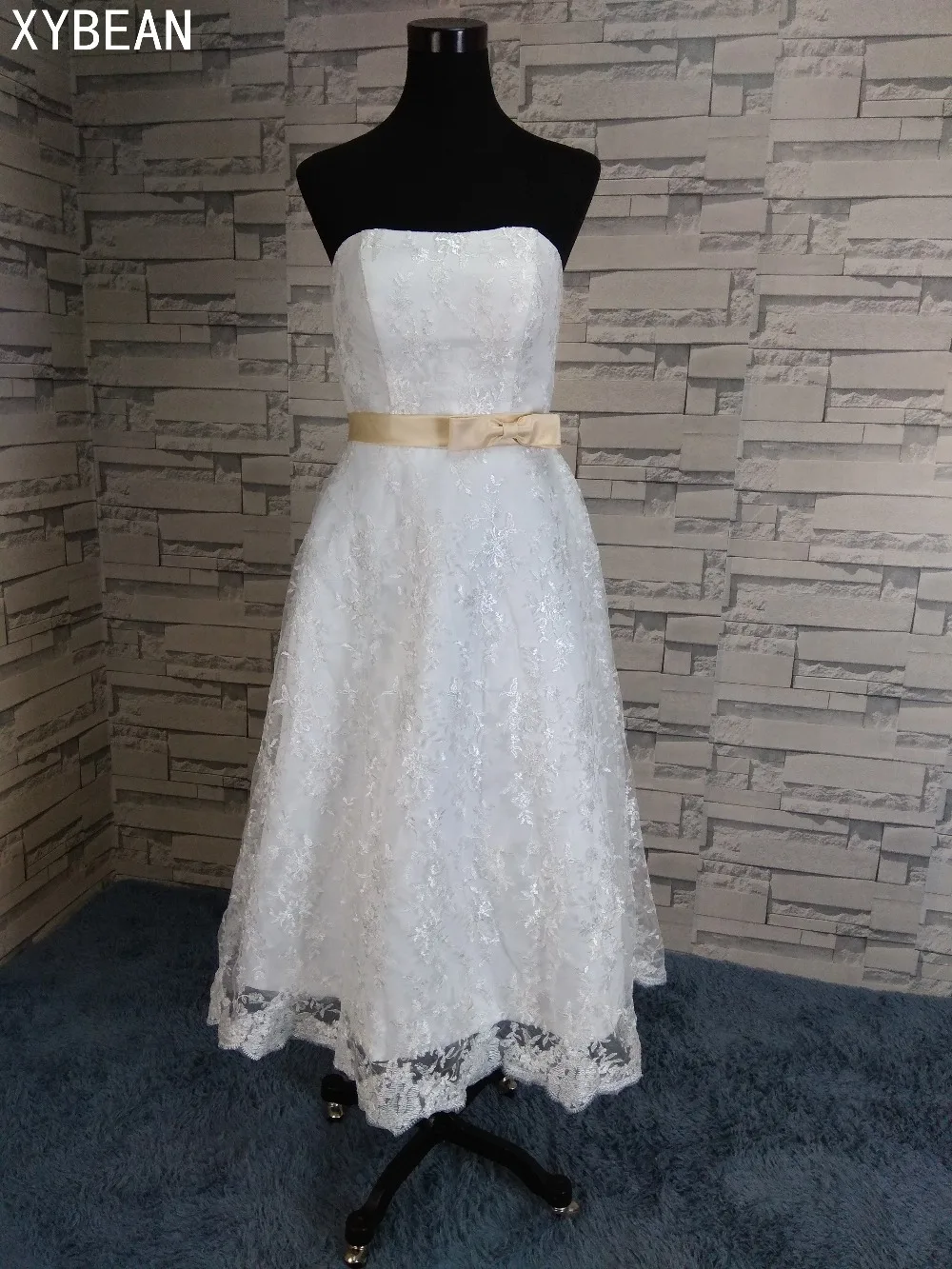 

New Free Shipping! Good Quality ! 2015 New Arrival Lace Strapless Tea Length Women Vestidos White / Ivory Wedding Dresses