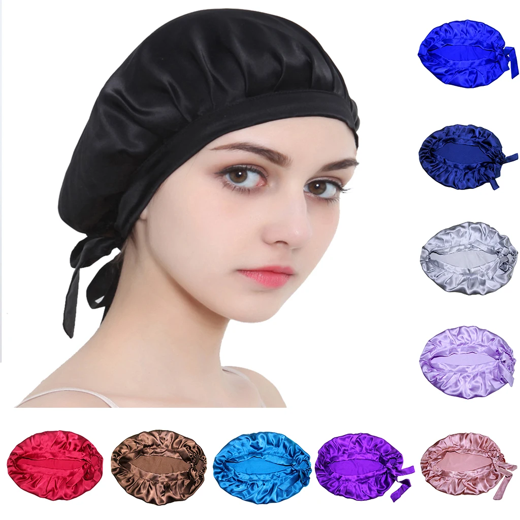 

Soft Smooth Pure Silk Sleep Hat Wrap Night Cap Solid Hair Hairstyle Care Bonnet Women Ladies Sleeping Hat