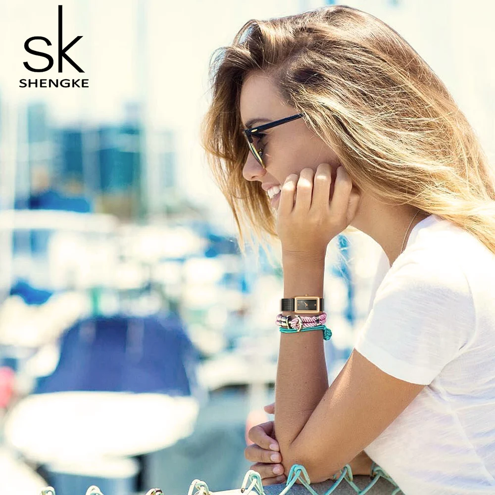 Skup Unikatowy damski kwadratowy zegarek różowe złoto dama elegancki zegarek SHENGKE marka minimalizm Casual Dress zegarek dla kobiet zegar na prezent