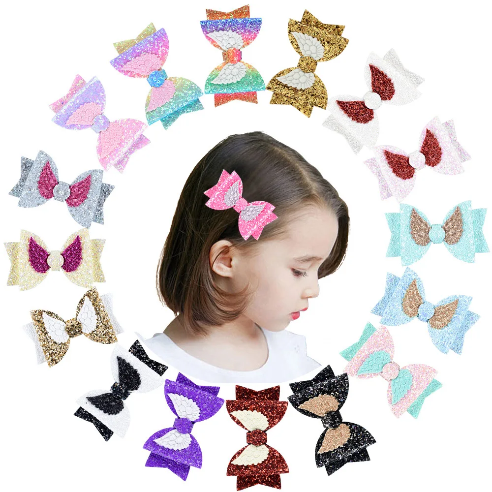 

3.5inch Angel Wing Glitter Hair Bows With Clips For Women Girls Boutique Colorful Bling Hairpins Children Hair Accessories 931