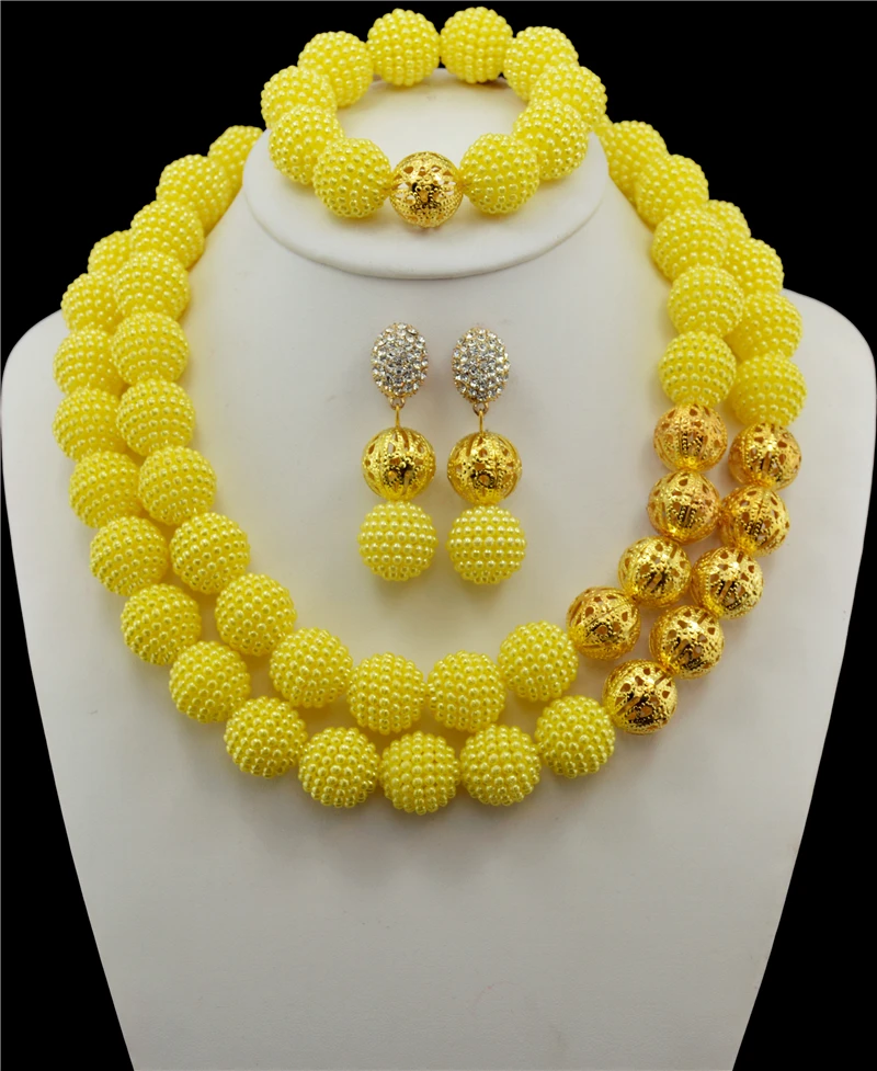 

Gold-color Gorgeous Yellow African Beads Jewelry Set Handmade Plastic Balls Nigerian Wedding Beads Necklace Jewelry
