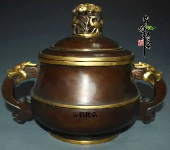 

China Royal Palace Copper 24K Gold Gild Dragon Ear Crane Incense Burner Censer