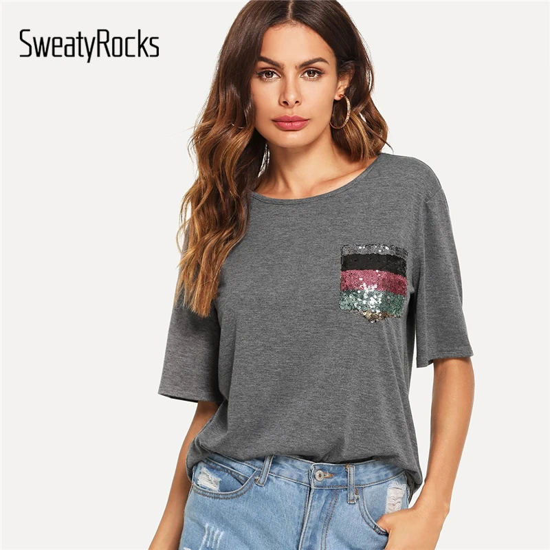 

SweatyRocks Sequin Pocket Patched Heathered Tee Grey Basics T-shirt Streetwear Fashion Preppy Tees 2019 Summer Casual Women Tops