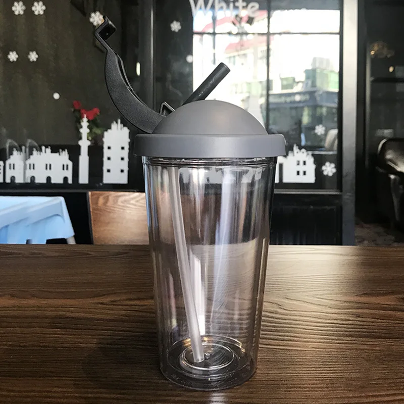 Креативная пластиковая бутылка для воды с соломинкой, двойная чашка для питья сока, портативная кружка для кофе, молока, подарок для друга, ребенка, посуда для напитков - Цвет: Gray 500ml