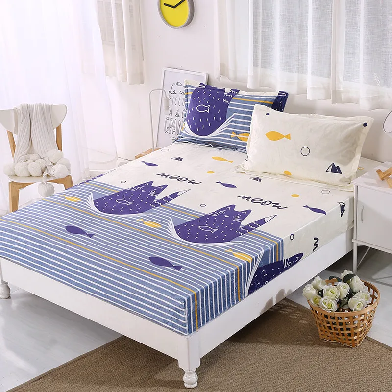 

Lovely Blue Cartoon Pattern Fitted Sheet With An Elastic Band Bed Sheets Linen Bedspread Polyester Mattress Cover Warm In Winter