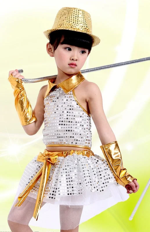 Костюмы в стиле джаз для мальчиков и девочек танцевальная одежда в стиле хип-хоп с блестками детские танцевальные костюмы бальный для сценического выступления платье для танцев - Цвет: Yellow girl