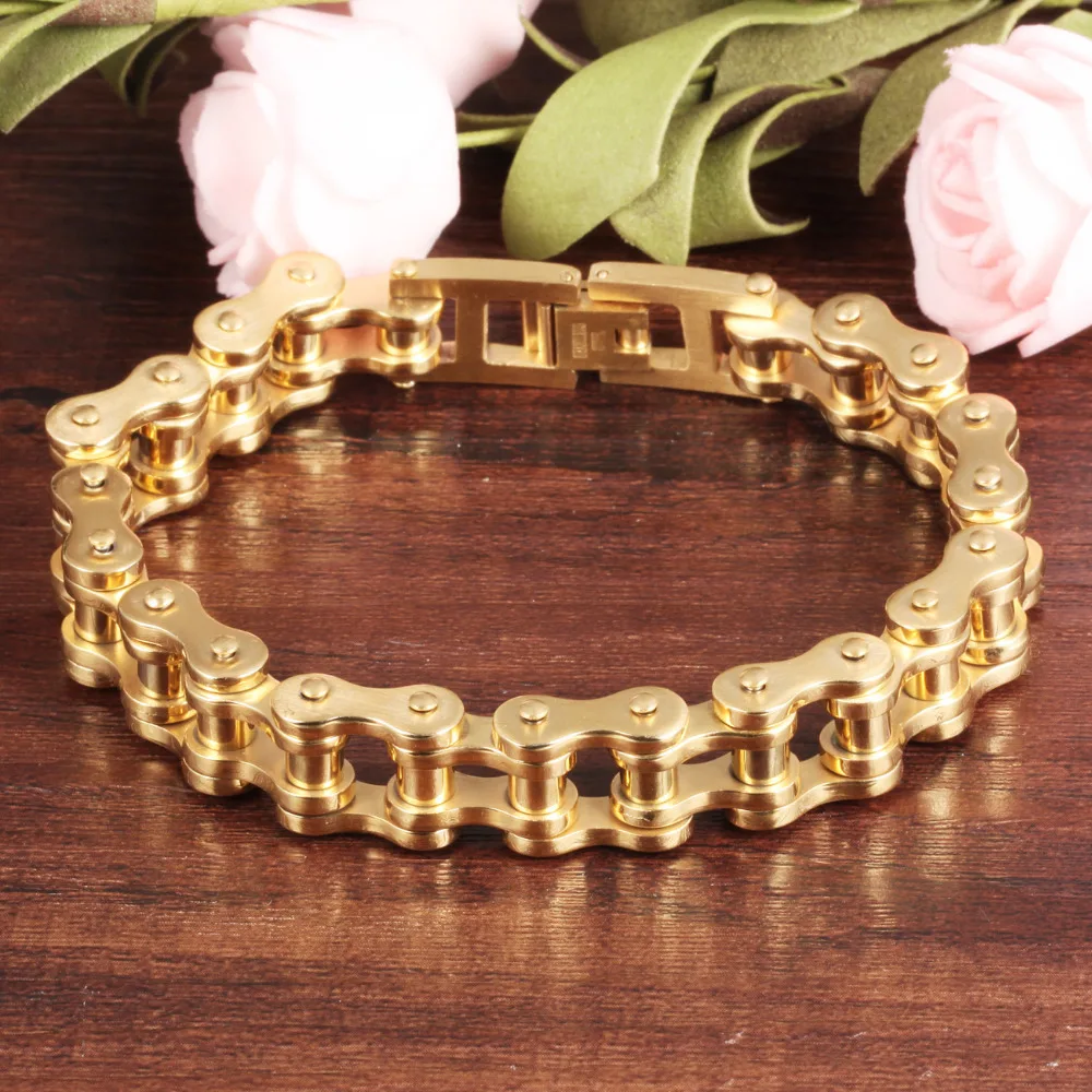 Fate Love 21.5cm*13mm Punk Gold Color Heavy Wide Stainless Steel Bracelets Bicycle Motorcycle Chain Men Delicate Jewelry FL781