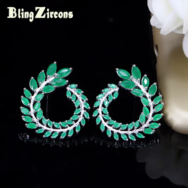 Blingzircons Sparkly Leaf Shape Green Olive Branch Cz Zirconia Stone Blingzircons Sparkly Leaf Shape Green Olive Branch Cz Zirconia Stone Setting Women Large Round Gypsy Stud