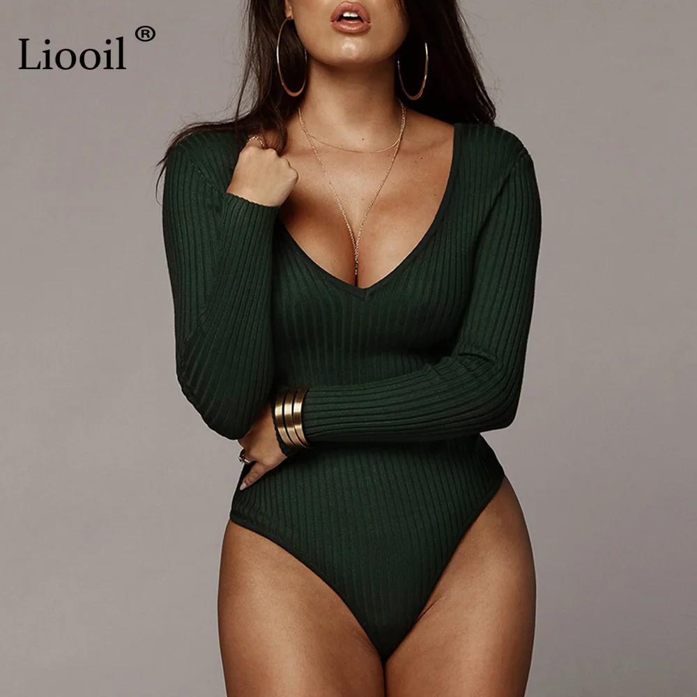 Liooil Сексуальная Bodycon вязаные комбинезоны черный, белый цвет Комбинезоны для Для женщин 2019 Весна длинным рукавом с v-образным вырезом