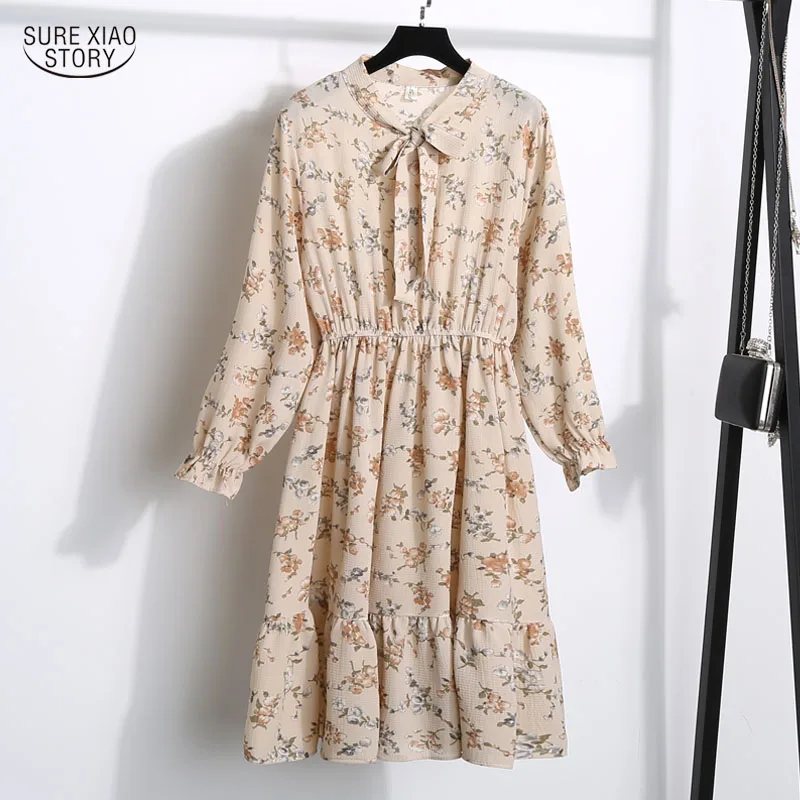 

Vestidos largos 2019 New Vintage Floral Bow Long Sleeve Women's Dress Casual Midi Dress Chiffon A-line Dress Robe Longue 5153 50