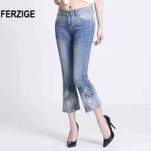 FERZIGE/ летние женские джинсы светло-голубые расклешенные обтягивающие узкие брюки с вышивкой, тянущиеся до икры винтажные Дизайнерские Большие размеры