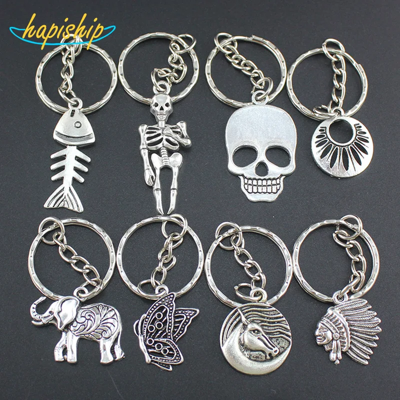 

Hapiship Women/Men's Fashion Handmade Vintage Silver Skull Elephant HorseTree Key Chains Key Rings Alloy Charms Gifts YSDY238