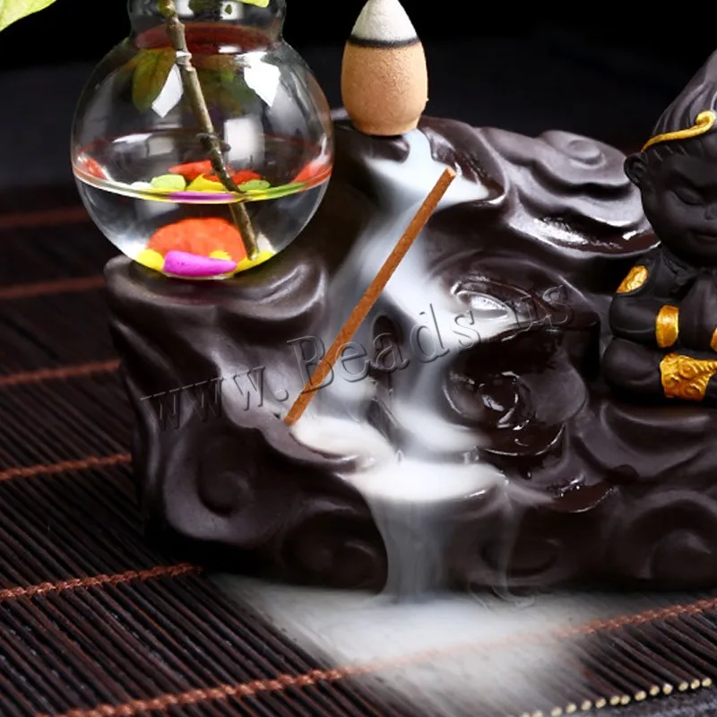 Backflow Incense Burner Cute Monkey King Censer Smoke Waterfall With Vase Ceramic Incense Holder Decor Home Aromatherapy Censer