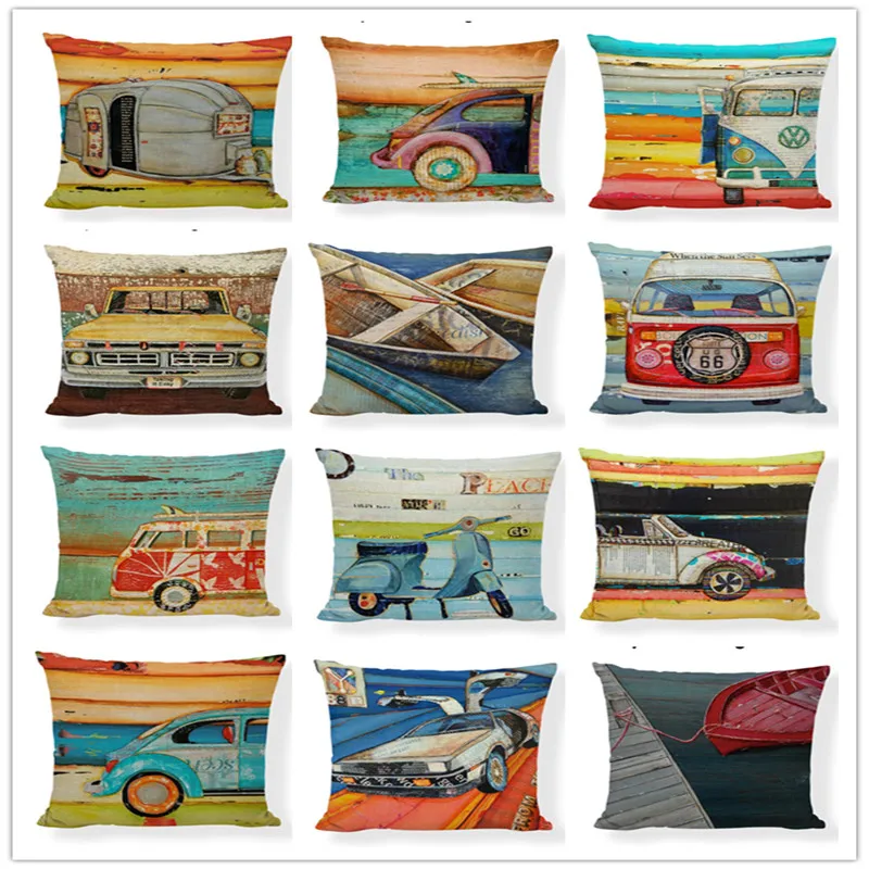 

High Quality Retro Beetle Shabby Chic Pillow Covers Game Chair 17.7inch Home Mini Bus Throw Pillow Case