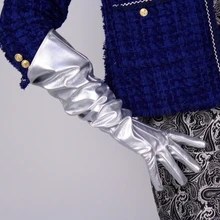 Женские лакированные серебряные кожаные широкие длинные перчатки женские длинные блестящие кожаные длинные перчатки R1044