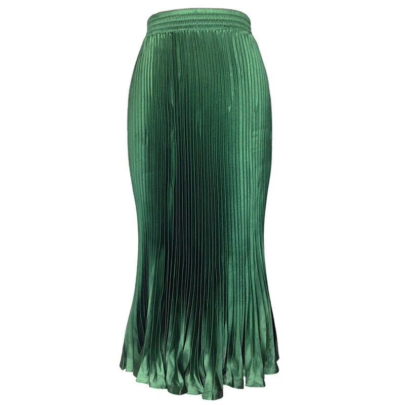Корейская атласная шелковая плиссированная юбка для женщин, одноцветная винтажная юбка миди, элегантные юбки трапециевидной формы с высокой талией для весны и осени - Цвет: Green
