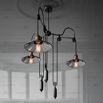 

Loft Restaurant American Industrial Style Trigeminal Lift Telescopic Stick Mirror Pendant Lamp