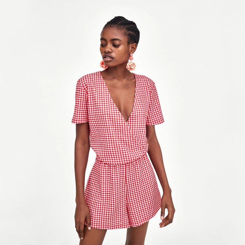 

Ruique Women Fashion Red Fine Grid Jumpsuit Girls Summer Beach Bowknot Belt Short Playsuit Ladies Flare Sleeve Casual Overalls