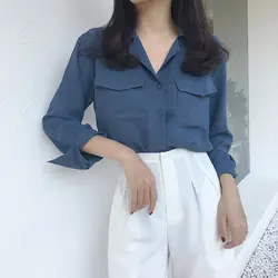Корейский Ulzzang ретро с длинным рукавом шифон синий белая блузка Рубашки Для женщин осень 2018 сексуальный v-образным вырезом Офисные женские