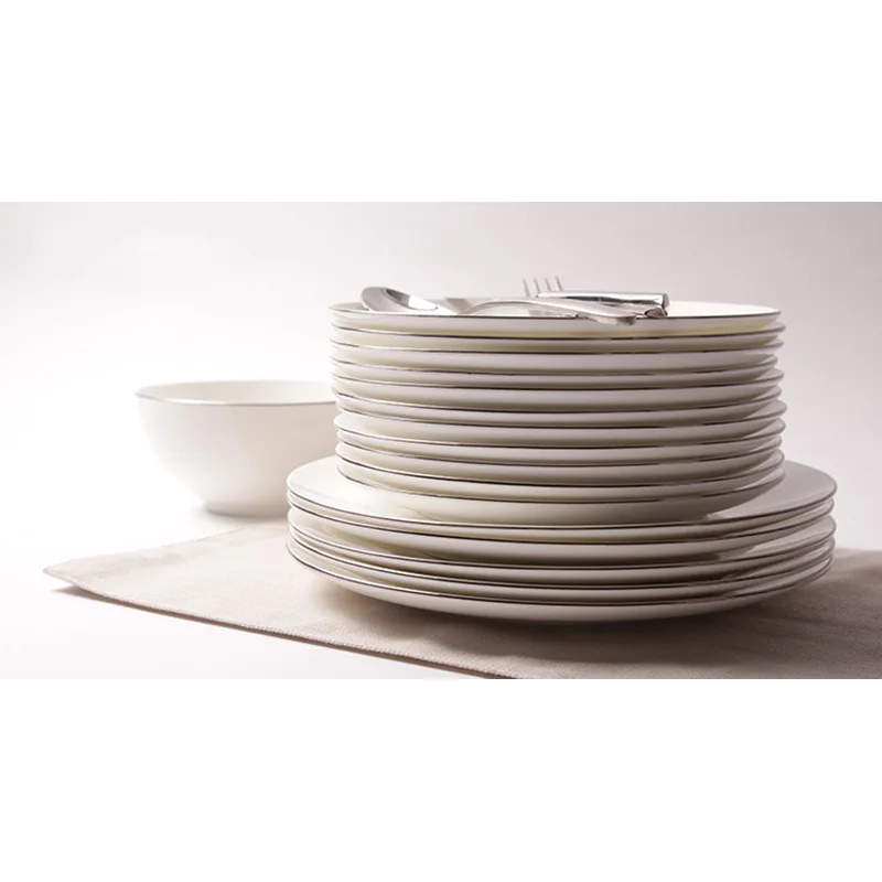 Dinnerware High Quality Plate Dish White Porcelain On-glazed Round 8 Inches 10 Inches Platinum Rim Steak Plates Food Cake Dishes