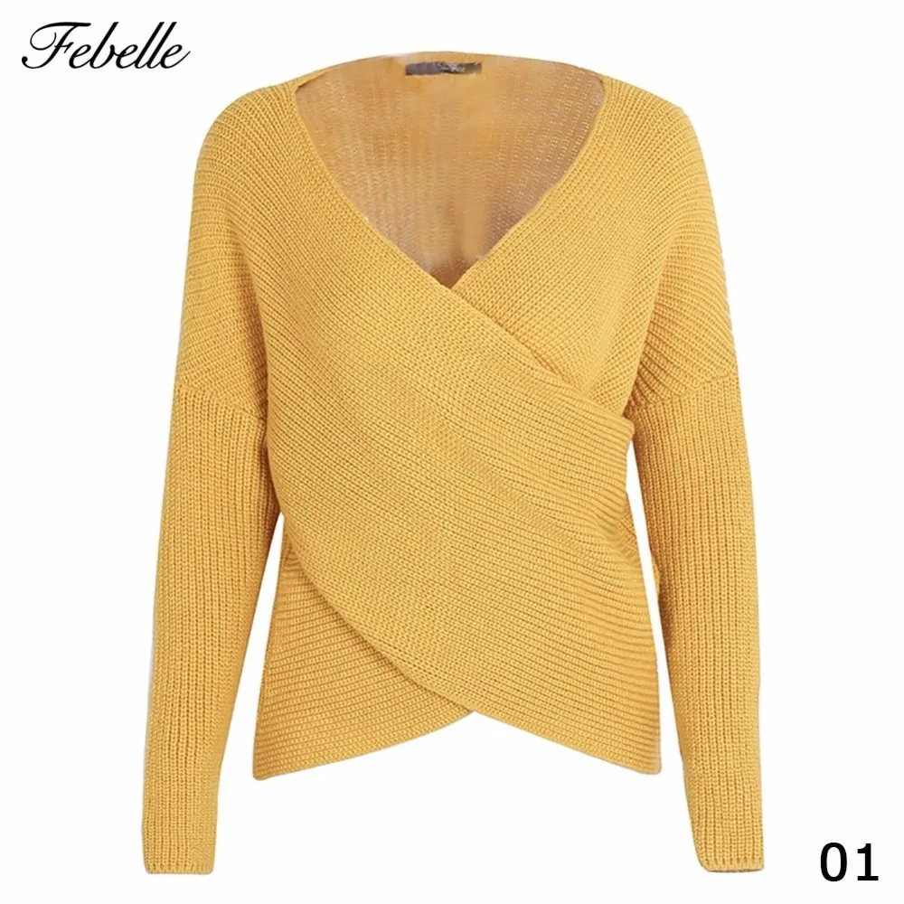Febelle Women Front Cross Irregular Casual Loose Knit Sweater Autumn