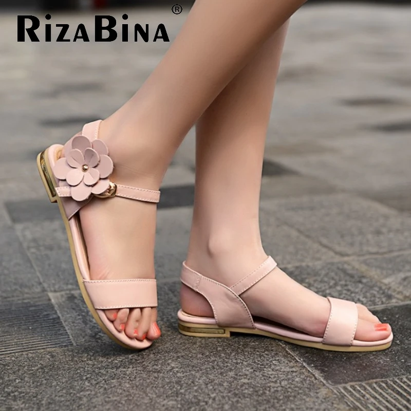 

women real genuine leather bohemia ankle strap flower party flat sandals sexy fashion brand heeled ladies shoes size 34-39 R6814