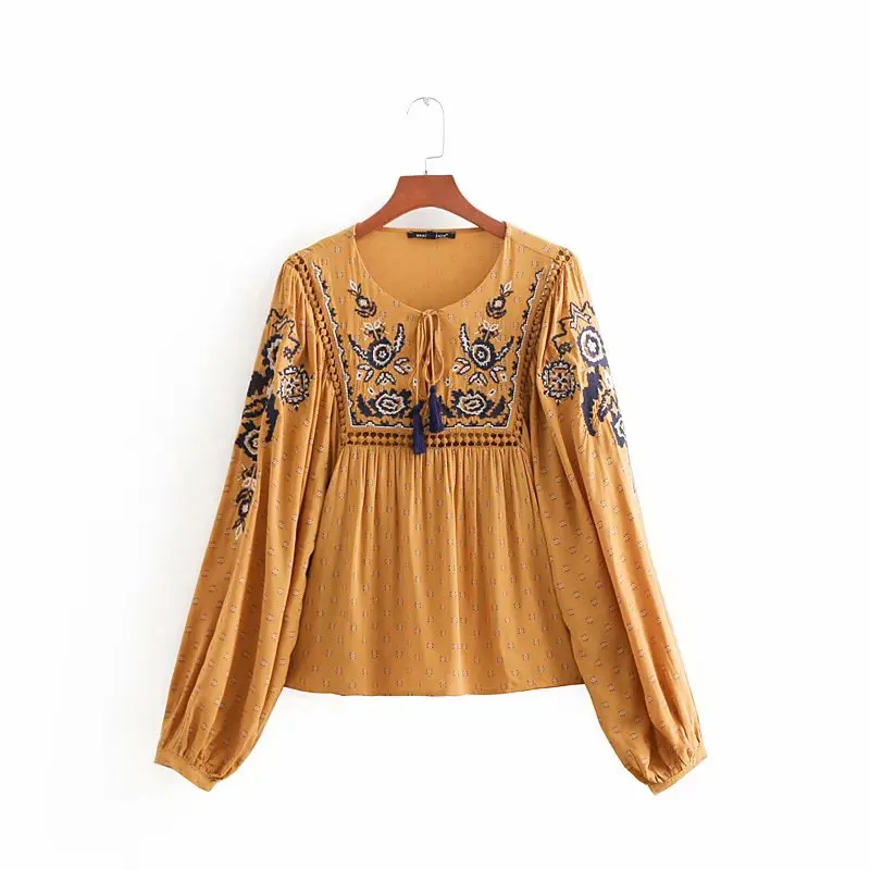 Женская обувь в винтажном стиле vestidos вышивка рукав-фонарик Повседневная блузка