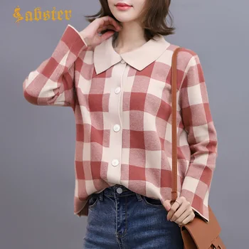 

2019 Women's Clothing Coat Sweater Cardigan For Women Plaid Ladies Knitted Cardigan Female Casual Single Breasted Jumper XZ383