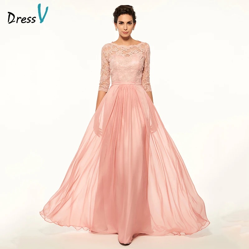 Dressv Pink Long Mother Of The Bride Dress Scoop Neck A Line Half Sleeves Lace Button Elegant