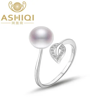 

ASHIQI 925 Sterling Silver Rings Leaf jewelry 8-9mm Real Natural freshwater pearl white pink purple Open Finger ring