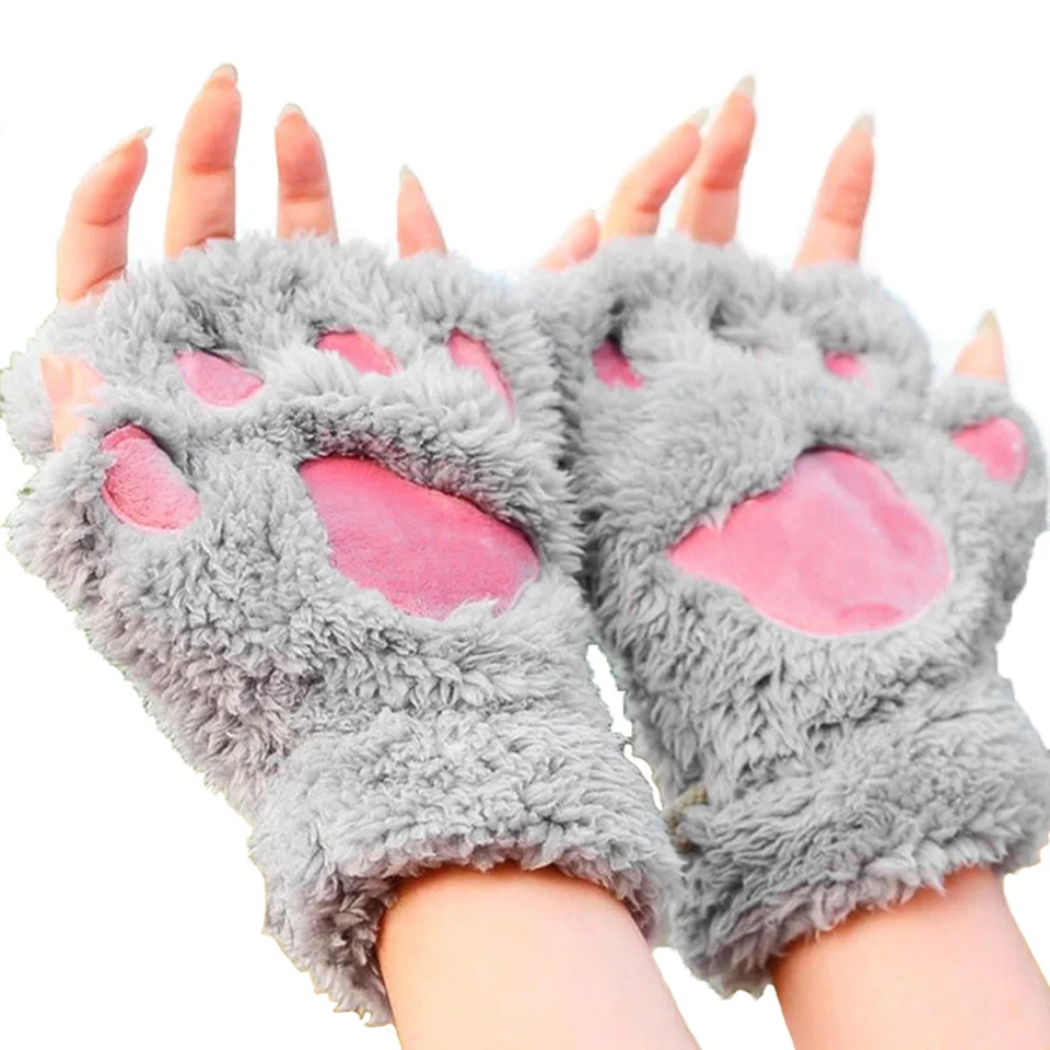 Buy Ladies Fluffy Plush Bear Paw Warm Gloves Novelty