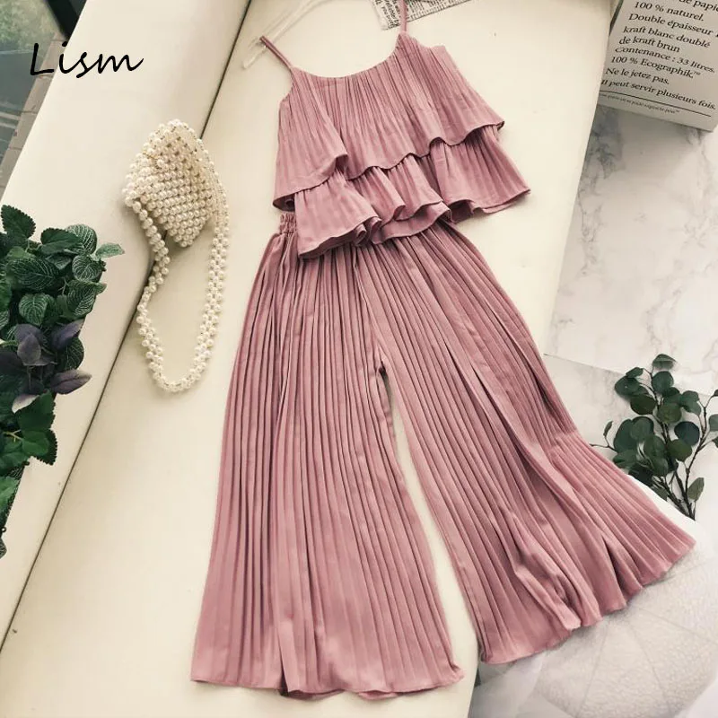 

LISM 2019 Ladies Holiday Beach Pink Set Solid Spaghetti Strap Ruffled Crop Top+Elastic Waist Wide Leg Pleated Pant Two Piece Set