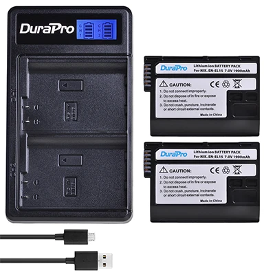 Аккумулятор DuraPro 2x1900 mAh EN-EL15 EN EL15+ двойное зарядное устройство с ЖК-дисплеем USB для камеры Nikon D800E D800 D600 D7100 D7000 D7100 V1 MB-D14 - Цвет: 2 Battery Set