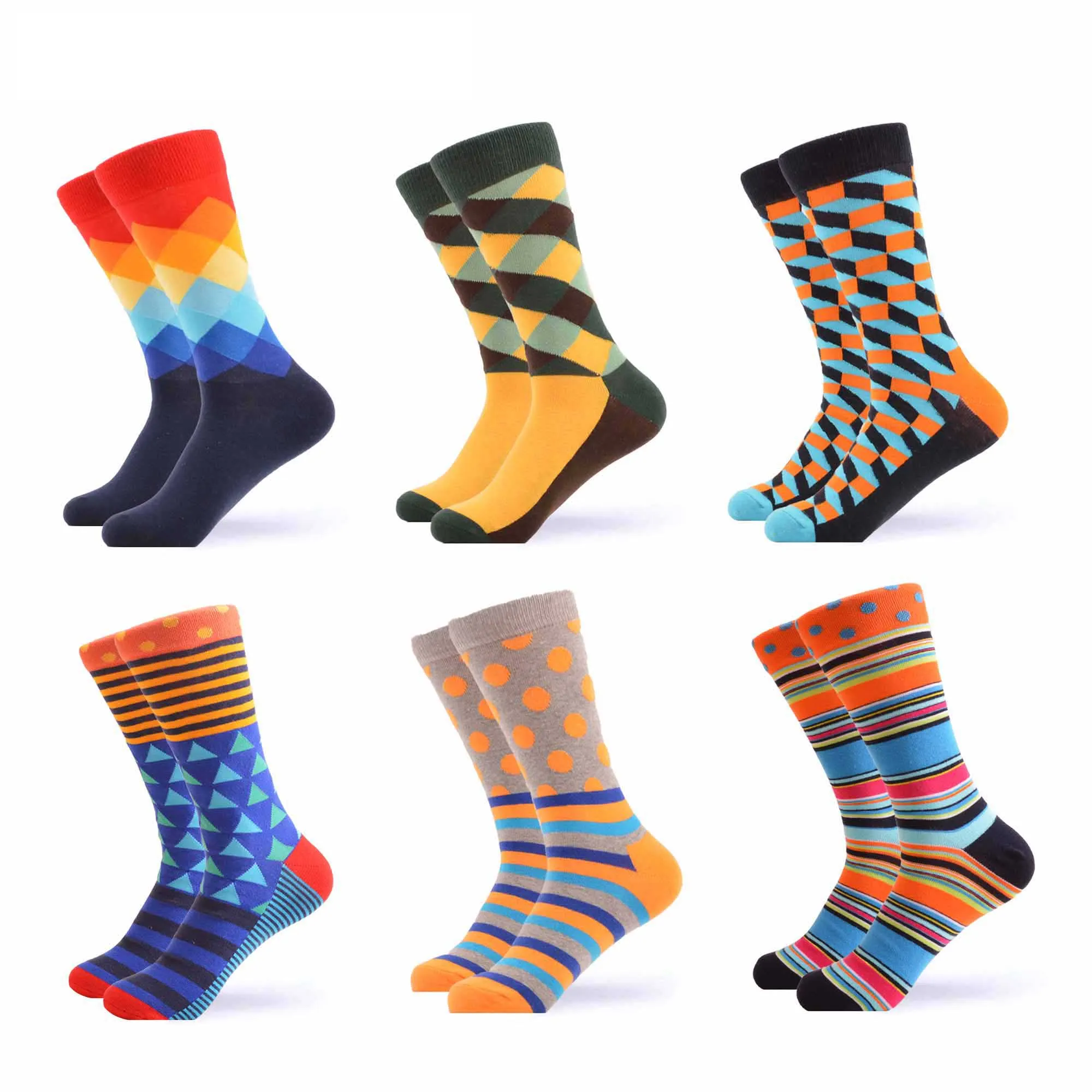 SANZETTI Men's Colorful Combed Cotton Happy Novelty Socks Hip Hop High Quality Skateboard Plaid Geometric Funny Socks For Gifts - Цвет: 05732 (6 pairs)