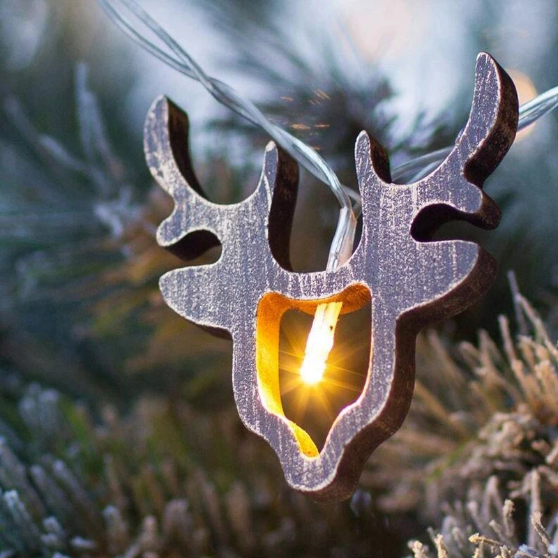 Wooden Santa Animal Reindeer Head Christmas lights 10 LEDs Battery