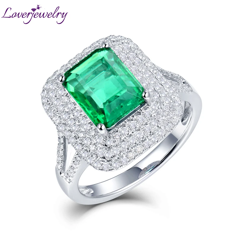 Loverjewelry Solid 18Kt White Gold Genuine Emerald Diamond Wedding Rings Natural Gemstone