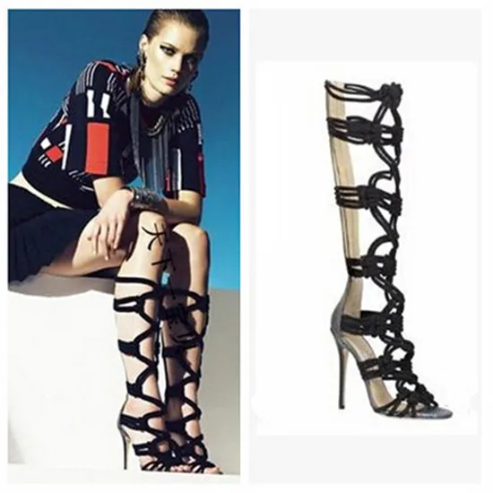 Sexy Braided Rope Leather Patch Gladiator Sandals Women Boots Caged Cut Outs Knee High Boots High Heels Shoes Woman Botas Mujer (6)