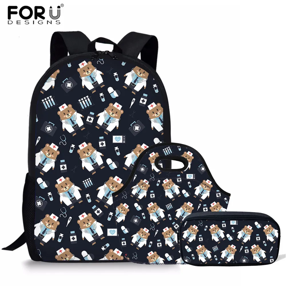 

FORUDESIGNS Cartoon Bear Doctor Pattern School Bags Set Children School Backpack For Teenage Girls Students Primaris Schoolbags