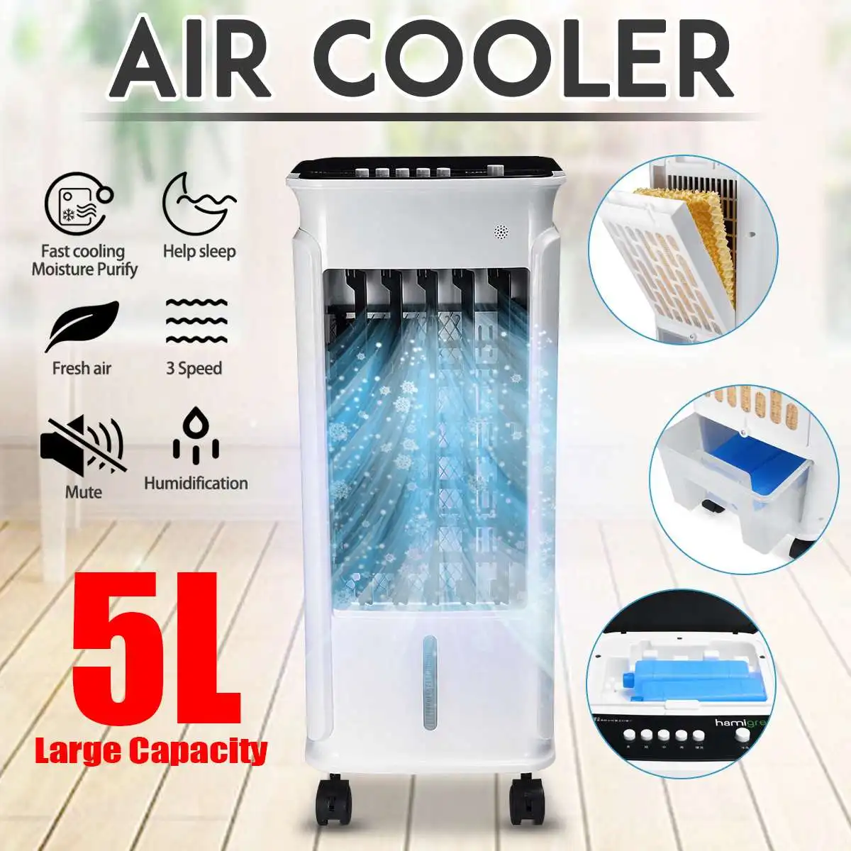 

5L 220V Evaporative Air Fan Ice Portable Cooler Conditioner Purifier Humidifier Home Negative Ion Air Purification 3 Wind Modes