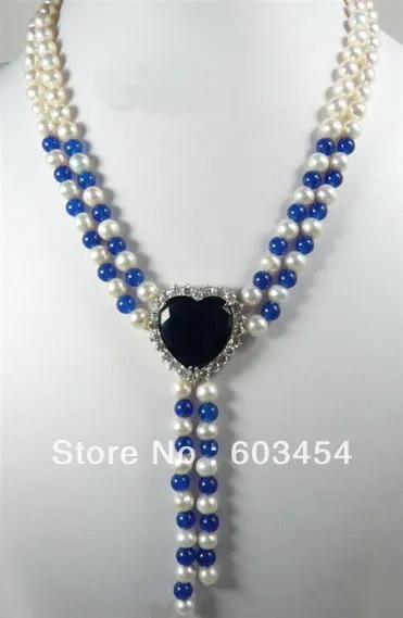 

White Pearl Blue Jade sapphire heart pendant necklace women Necklace / Free Shipping
